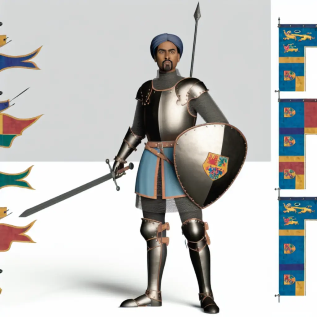 Ilustracja legendarnych bohaterów królestwa – rycerz, dama i mistrz kronikarz